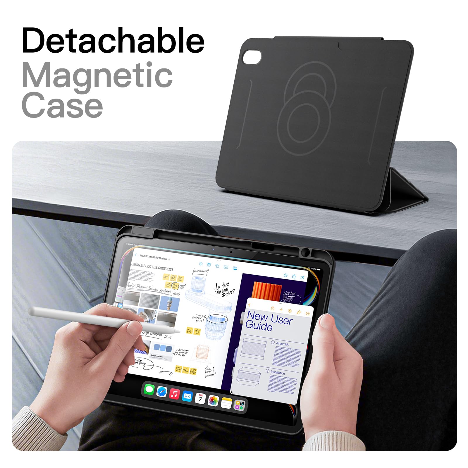 Husa magnetica detasabila JETech pentru iPad Air 11", cu suport pentru stylus, culoare negru