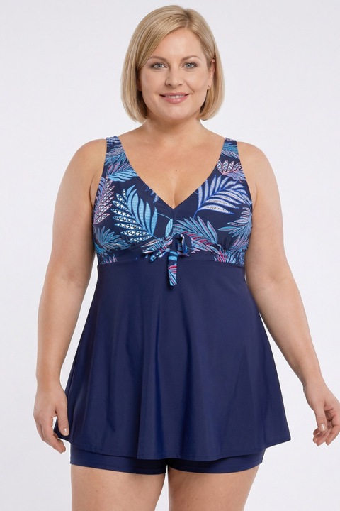 Sötétkék fürdőruha narancssárga trópusi mintákkal