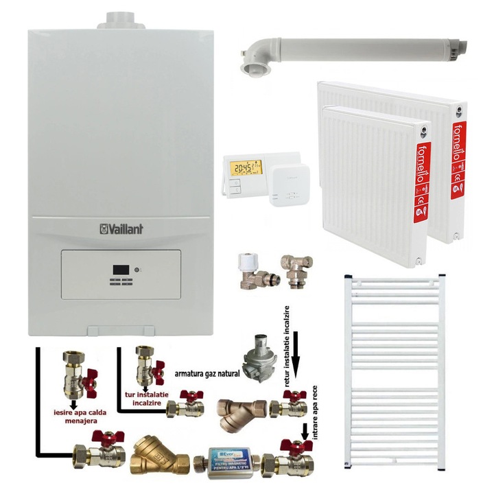 Pachet apartament cu o camera, Centrala termica in condensatie Vaillant ecoTEC Pure VUW 236/7-2, 23 kw, murala, afisaj digital, schimbator caldura inox, kit de evacuare, calorifere otel, termostat si fitinguri montaj