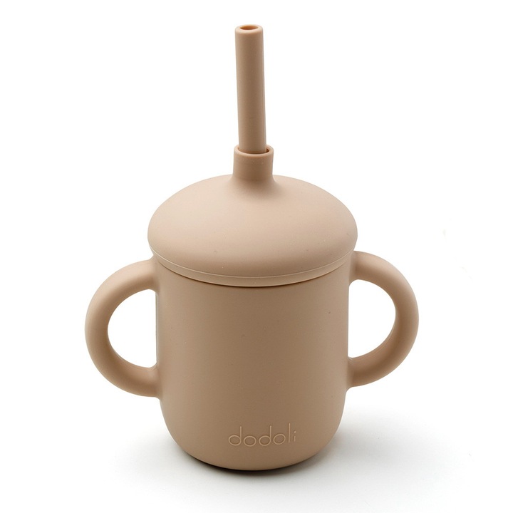 Чаша Dodoli със сламка и капак за бебета 6+ месеца, хранителен силикон без BPA, 150мл, праскова