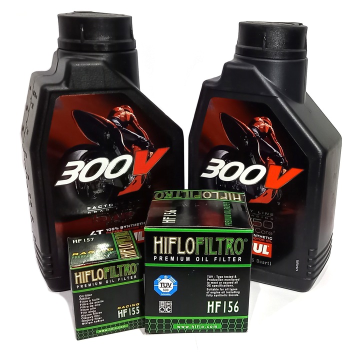 Ulei Motul 300V 15W50 2L + Filtru ulei HF155 HF156, set pentru motociclete KTM