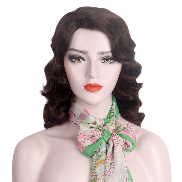 Peruca lunga 1920s cu bucle tip Finger Wave, sintetica, rezistenta la caldura, costum vintage, culoare maro
