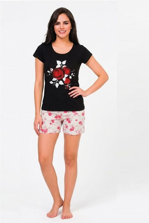 Pijamale dama Alis, 2 piese, tricou si pantaloni scurti, bumbac, Negru | Rosu