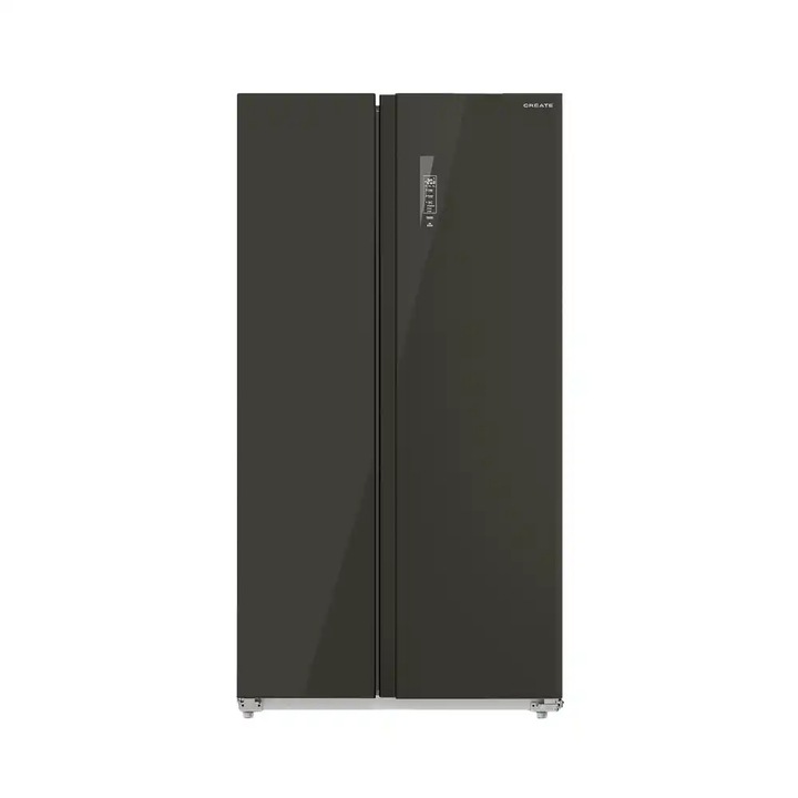 Frigider american side by side cu usi din sticla No Frost CREATE, Studio, 550 litri, H 177 cm, congelator 198 litri, Tehnologie Inverter, temperatura reglabila, 4 rafturi din sticla, sistem Care, functie Multi Air Flow, negru