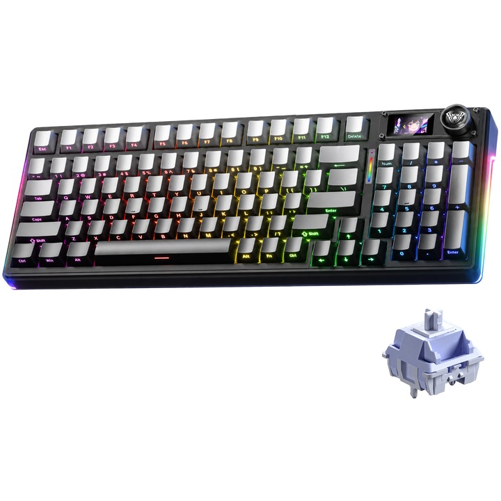 Механична клавиатура AULA F98 Pro V3 с три режима, RGB осветление, интелигентен екран, въртящ се бутон, батерия 8000mAh, hot-swappable
