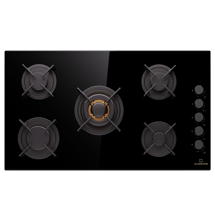 Klarstein, Goldflame 5, Plita Cu Gaz, Autonoma, 5 Arzatoare, Control Lateral, Gaz/Propano, Ceramica, Negru