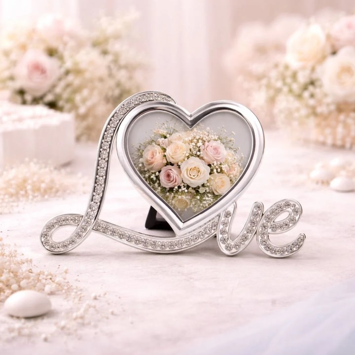 Rama Foto AZAY Love cu Cristale, 8x8 cm, Rama Foto Inima pentru Cuplu, Cadou Romantic, Cadou Nunta, Cutie Cadou Inclusa