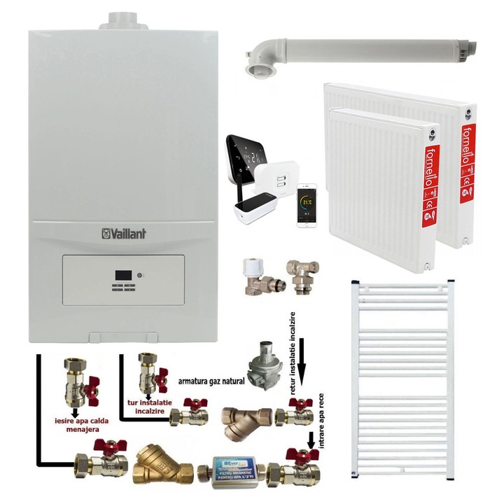 Pachet apartament cu o camera, Centrala termica in condensatie Vaillant ecoTEC Pure VUW 236/7-2, 23 kw, murala, afisaj digital, schimbator caldura inox, kit de evacuare, calorifere otel, termostat Salus IT 500 si fitinguri montaj