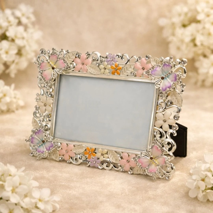 Rama Foto AZAY cu Flori si Fluturi, 15x10 cm, Rama Foto Decorativa cu Cristale, Cadou Elegant Femei, Cutie Cadou Inclusa