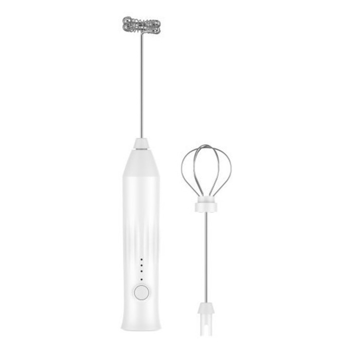 Frother de lapte reincarcabil USB-C, cu 3 viteze, capac din otel inoxidabil, alb