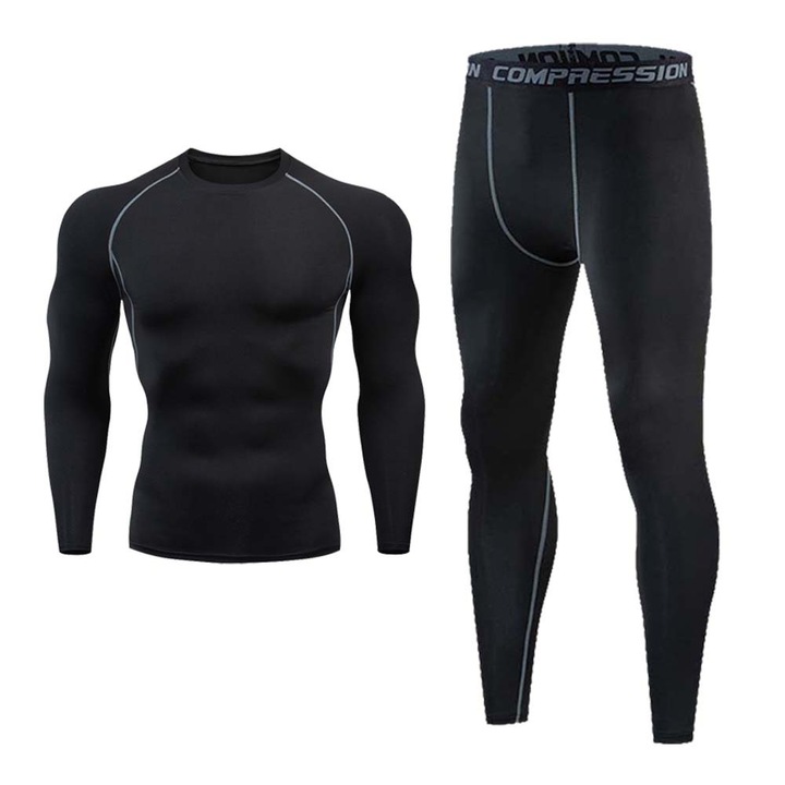 Set de lenjerie de corp compresiva pentru barbati, negru, bluza si colanti