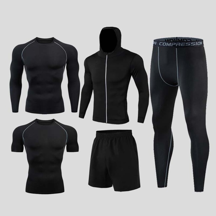 Set de lenjerie termica pentru barbati, cinci piese, elasticitate excelenta, usor, fleece, negru, XL INTL