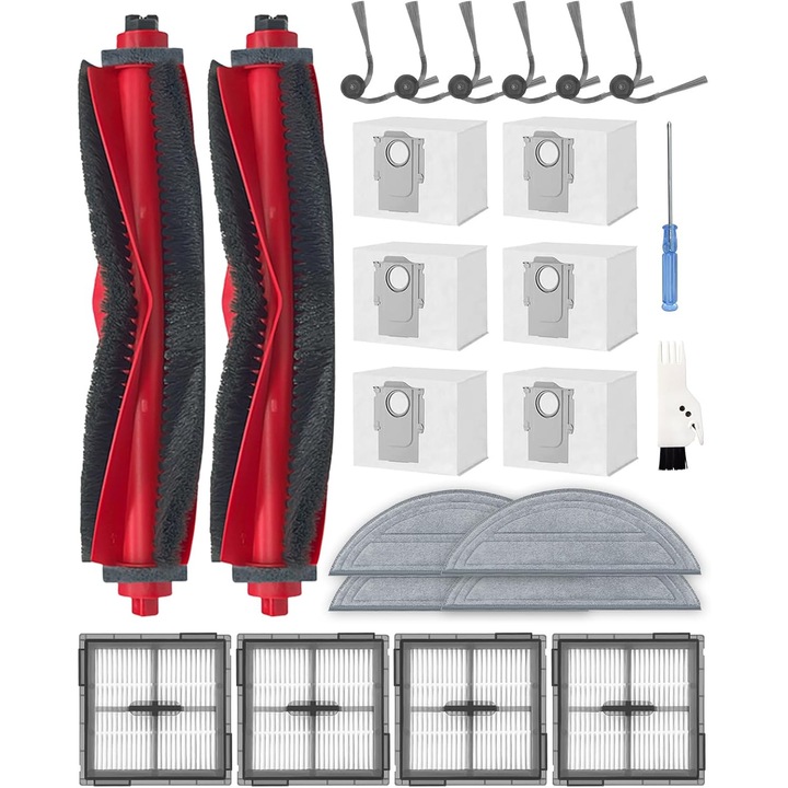 Комплект от 24 аксесоара за прахосмукачка робот Roborock Q10 S5+, 2 основни четки, 6 странични четки, 4 HEPA филтъра, 6 торбички за прах, 4 мопа