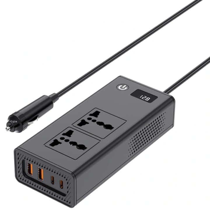 Invertor de Tensiune Auto 12V 220V XO CZ027, 200W, 2x Prize 220V AC, 2x USB + 2x Type-C, Power Inverter Auto, Priza Auto 220V, Afisaj Digital, Protectie Supratensiune, Negru