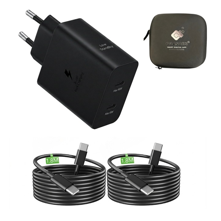 Kit Incarcator rapid 45 W cu 2 porturi USB C, 2 cablu de incarcare rapida C-C 1, 8M pentru Samsung Galaxy S25, S24, S24, S23, Ultra, A56, A55, A53, A35, geanta protectie eva bag, negru