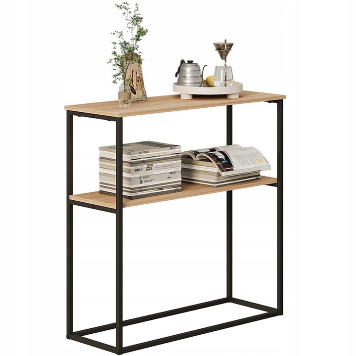 Masuta auxiliara tip consola, maro deschis, pentru hol, cu raft dreptunghiular, inaltime 90 cm Rebiko