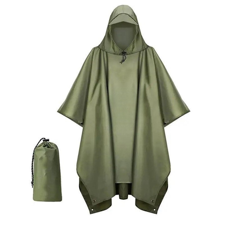 Poncho impermeabil cu gluga, unisex, verde militar, multifunctional, usor de purtat