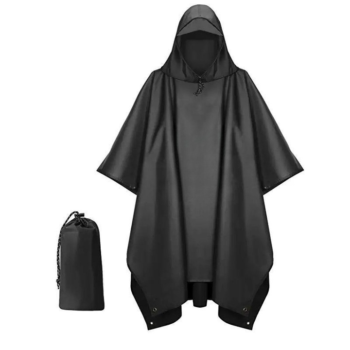 Poncho impermeabil cu gluga, unisex, negru, pentru camping si drumetii
