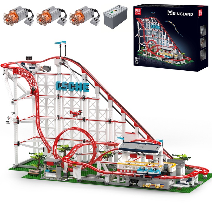 Set de constructie, Mould King,11014, Roller Coaster Electric,3662 piese,100.6x44.8x56.5cm, Parc de Distractii cu Loop 360°, Motorizat, Technic STEM, Cadou Premium, pentru baieti si fete peste 14 ani