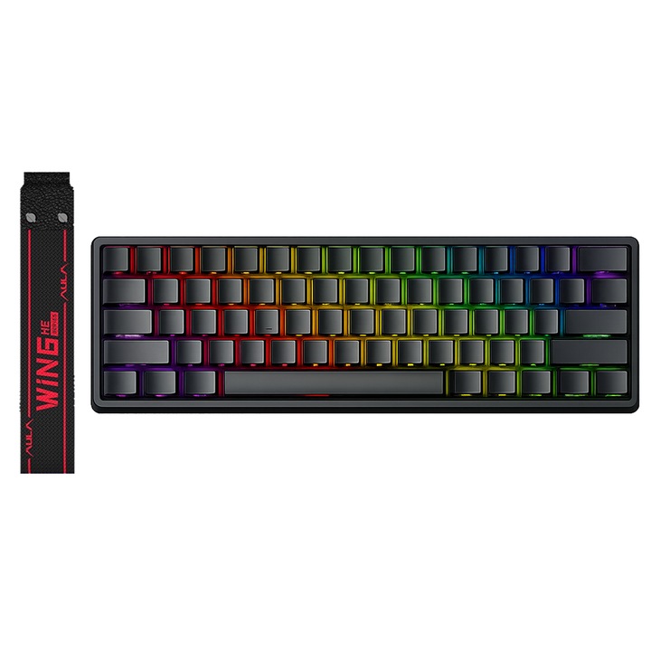 Tastatura mecanica gaming cu fir AULA WIN60 HE, ax magnetic Hall, Keycaps cu gravare laterala cu transmitere a luminii, 8000Hz, precizie 0.01mm, RGB, layout compact 60%, placa de pozitionare metalica