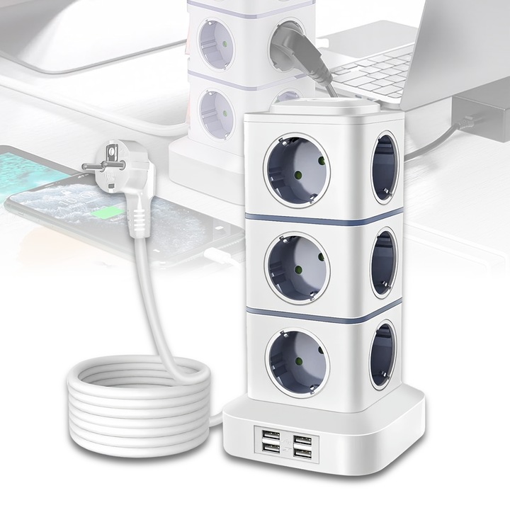 Wacorresi® torony elosztó, gyorstöltő elosztó, 12 AC aljzat, 4 USB port, 2500W, túlfeszültség funkció, gyermekvédelem, antisztatikus, otthonra / irodába / iskolába, fehér