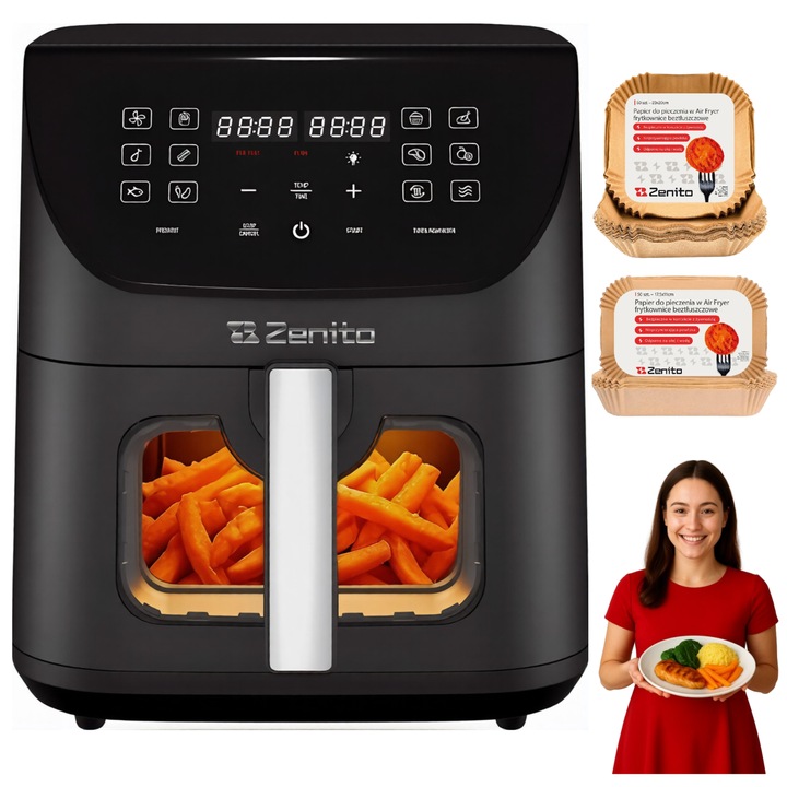 Friteuza cu aer cald, fara ulei, Zenito FryElite, Airfryer 1800W, 8L, Ecran digital, iluminat interior, 14 functii de gatire presetate, 39.4x34.9x37.1 cm, 6kg, Negru