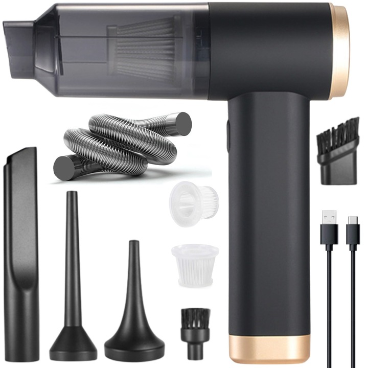 Aspirator de Mana Globophix™, Aspirator Auto si Suflanta, Putere 96W, Baterie Reincarcabila 11.1V, Ergonomic si Portabil, Cablu USB-C, 1x Geanta Depozitare, 1x Filtru HEPA, 1x Furtun, 2x Duze Gonflabile, 1x Duza pentru Barca si 1x Duza Aspirare incluse