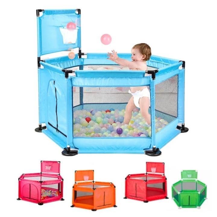 Tarc de joaca bebelusi cu bilute colorate si cos de baschet