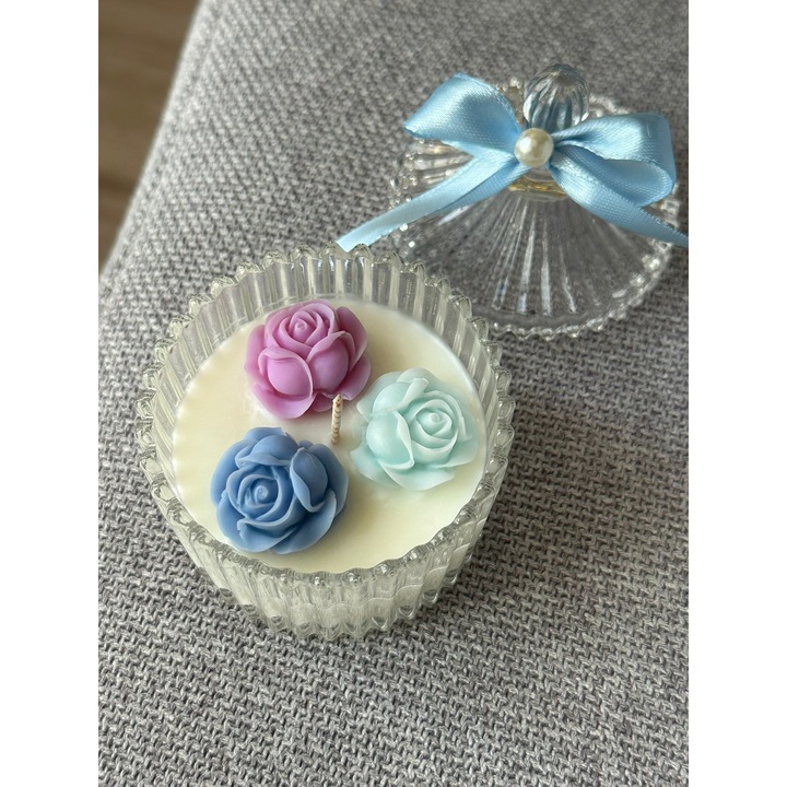 Lumanare parfumata, Crystal Blue, CandlyON, Marturii, nunta, botez, orhidee, handmade, ceara naturala, arde 15h, 70 g