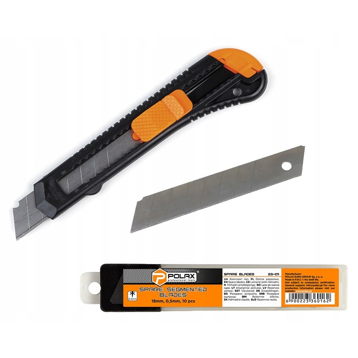 Cutit de tapet din plastic 18 mm + set 10 lame 18 mm, 0,5 mm, Polax