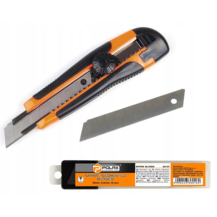 Cutit pentru tapet Polax, maner din cauciuc, lama 18 mm, set 10 lame segmentate