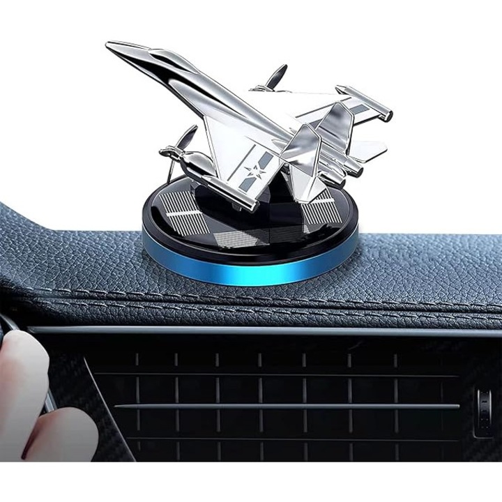 Odorizant auto rotativ solar, argintiu/albastru, design avion de lupta, dimensiuni mini