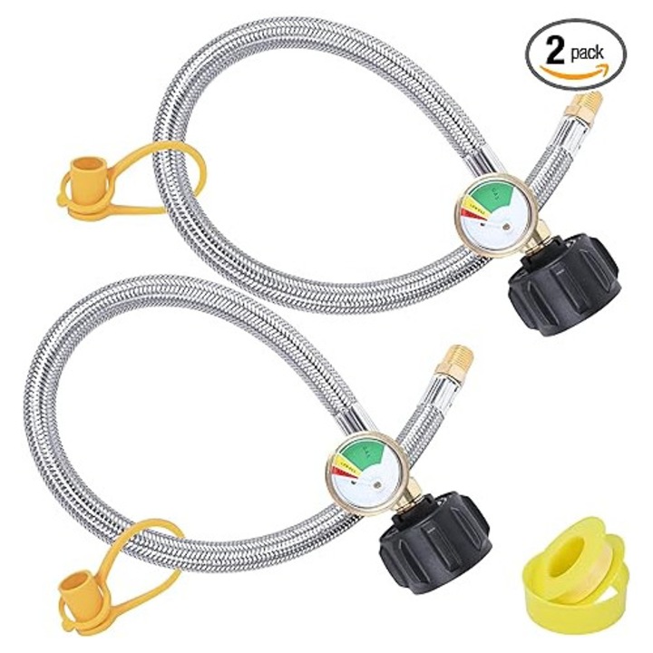 Set furtunuri propan 15 inch cu manometru, 2 bucati, din otel inoxidabil, pentru rulote