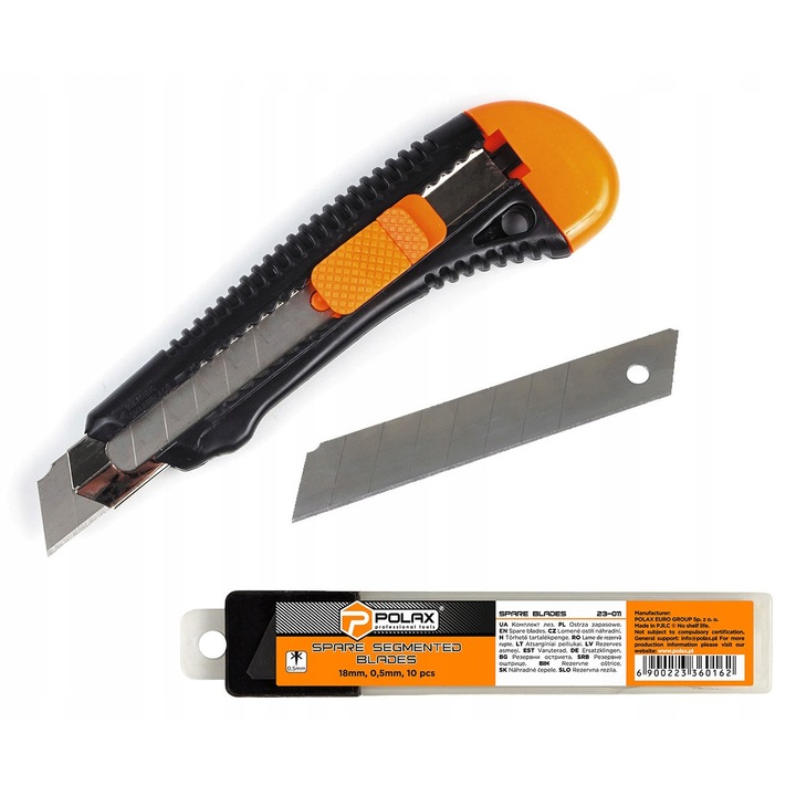 Cutit pentru tapet ranforsat, 18 mm + set 10 lame 18 mm, 0,5 mm, Polax
