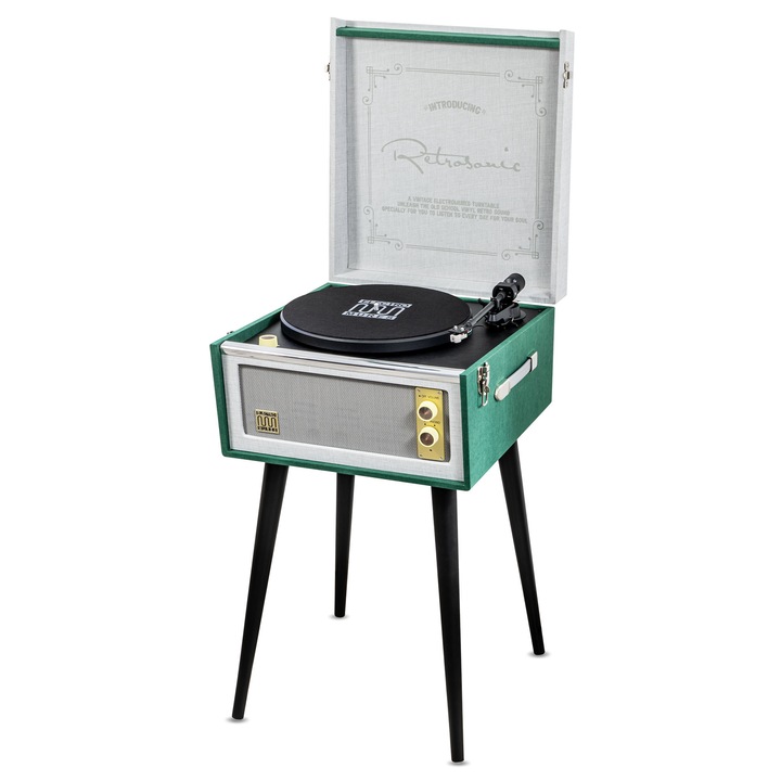 Pick-up stereo Electromures EM 1025 Retrosonic, cu transmisie prin curea, doza MM Audio-Technica AT-3600L, viniluri acceptate 10", 12", 2 viteze 33/45 RPM, Bluetooth 5.2, portabil, cu picioare detasabile, Difuzoare stereo incorporate 2x5W, 2x10W, Verde