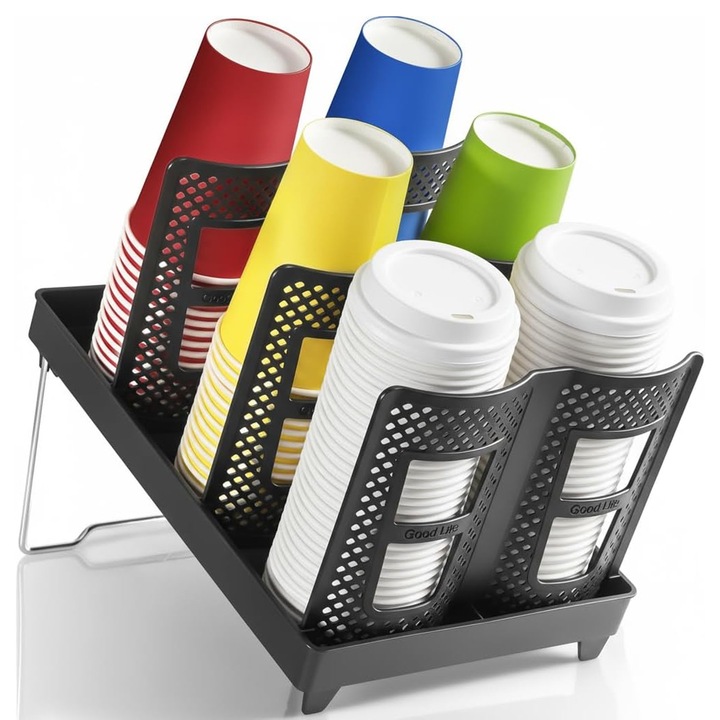 Suport cesti, AFKSMILE, Dozator pentru pahare de hartie de unica folosinta, Detasabil, Design gol, Suport reglabil pentru pahare, Usor de instalat, Organizator cu 6 compartimente, Pentru bucatarie, living si dormitory, Plastic, 33*22*19.5cm, Negru