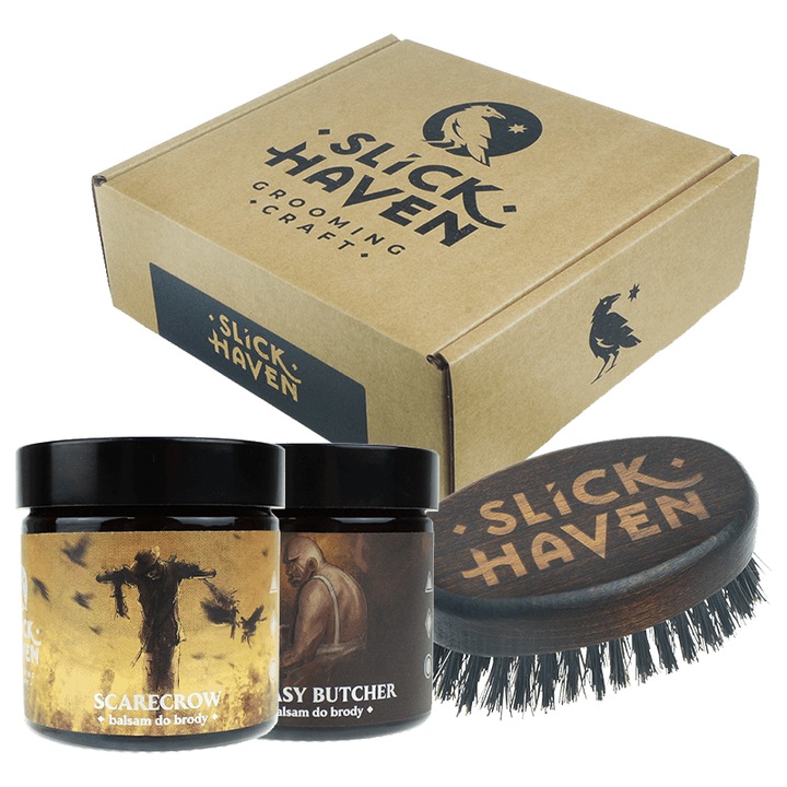 Set ingrijire barba Slickhaven, balsamuri Greasy Butcher 60 ml si Scarecrow 60 ml, perie lemn de fag, transparent, 120 ml