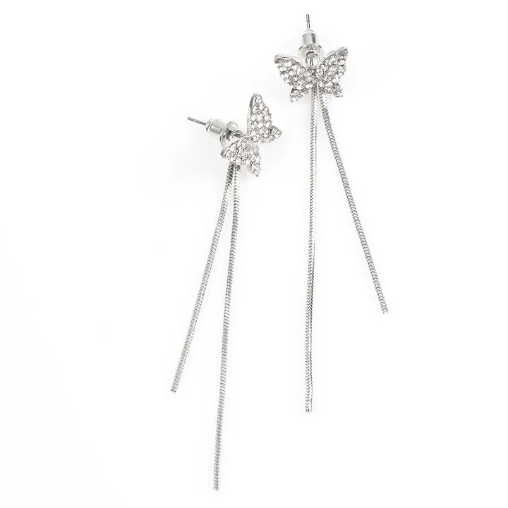 Cercei argintii lungi fluture cu strasuri si lanturi