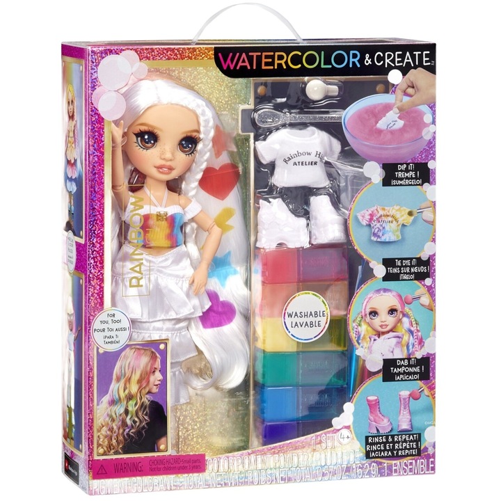 Papusa Rainbow High Watercolor & Create – Set DIY Moda si Colorare, Ochi Caprui, MGA Entertainment
