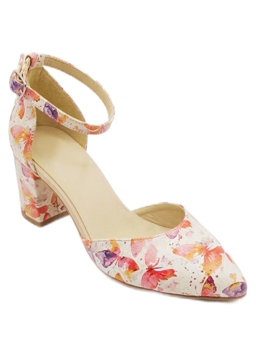 Sandale dama, SandAli, piele naturala, varf ascutit, toc masiv 6 cm, catarama, imprimeu Butterfly Bloom, multicolor