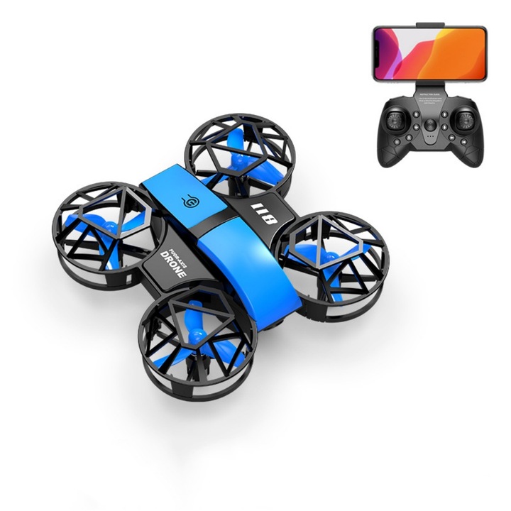 Mini-drona cu patru roti pentru filmari aeriene, cu telecomanda, 6 canale, filmare 4K HD, rezistenta la caderi, pliabila, 8, 6 × 8, 6 × 3, 2 cm, 450 mAh, 3, 7 V, cu trei baterii, Albastru