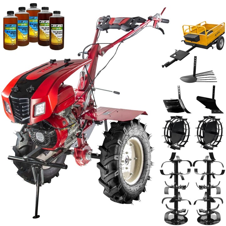 Motocultor Raider RD-T10, motor 13 CP, benzina, 2+1 viteze, latime lucru 140 cm, freze, roti cauciuc 5.00x12", capota, faruri LED, roti metal, plug arat, rarita reglabila, plug cartofi, remorca, 5l ulei