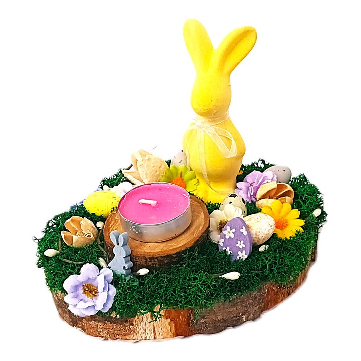 Decoratiune pentru interior, aranjament cu licheni stabilizati si iepuras ceramic de Paste, cu lumanare, 18 cm