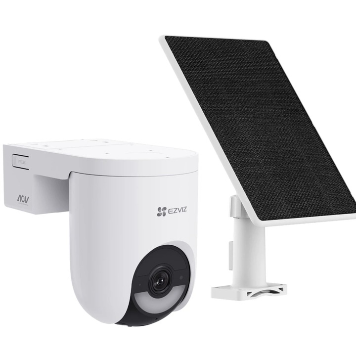 Intelligens EZVIZ okos megfigyelő kamera, IP 65, 5W napelem, 4MP, 2K, Pan Tilt, mikrofon, hangszóró, fehér, beltéri, kültéri, -20 és 50 fok között