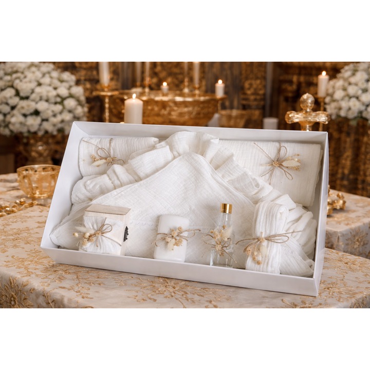 Trusou Botez Cu 8 piese Din Muselina, Alb