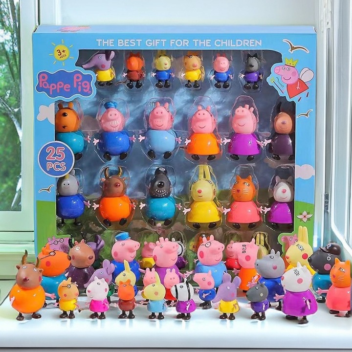 Set de 25 de figurine Peppa Pig, jucarii educative pentru copii de 3 ani si peste, familia si prietenii lui Peppa Pig – Pachet de figurine mari si mici pentru jocuri de rol, colectie, decorare torturi, petreceri tematice, cadou ideal pentru fani, plastic