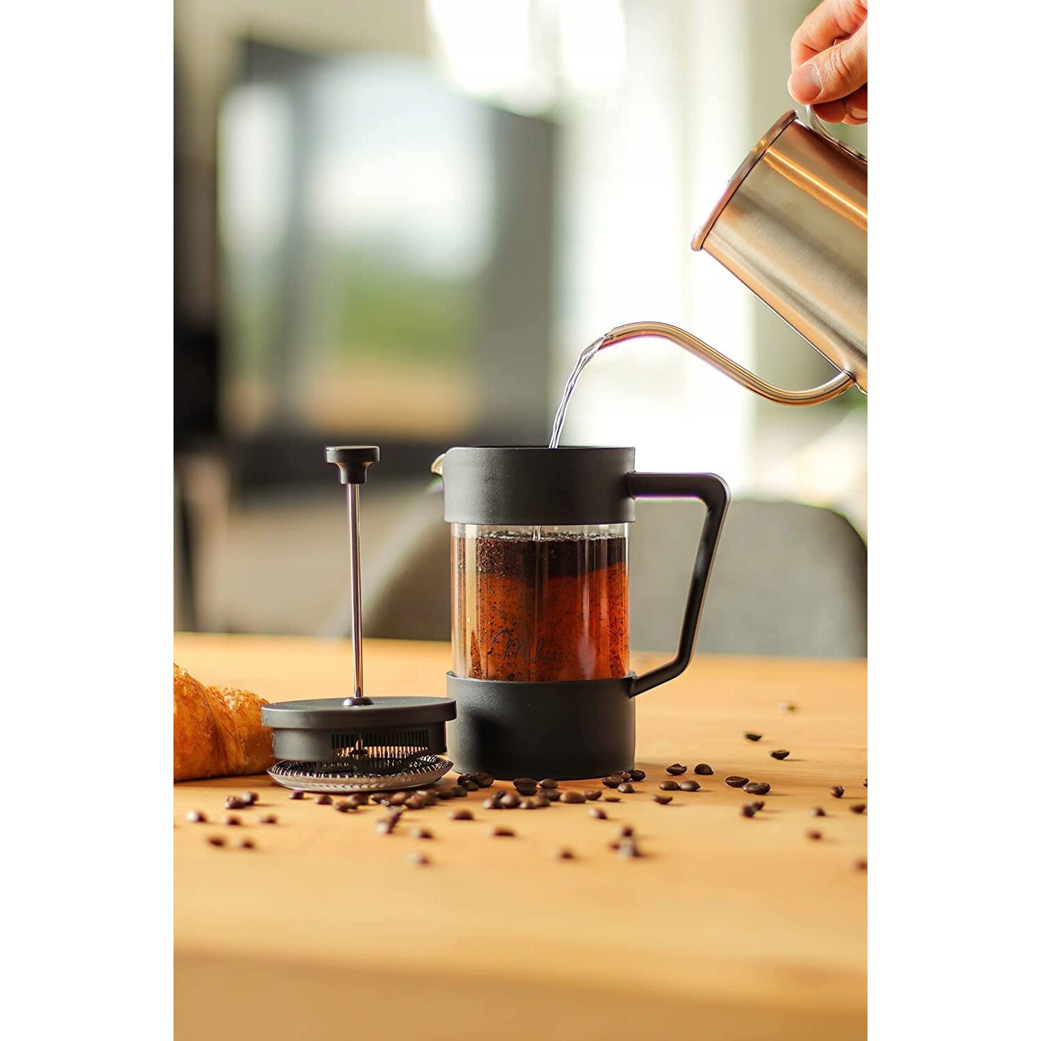 Cafetiera Milu French Press 1000ml, filtru inlocuibil, sticla rezistenta, set complet