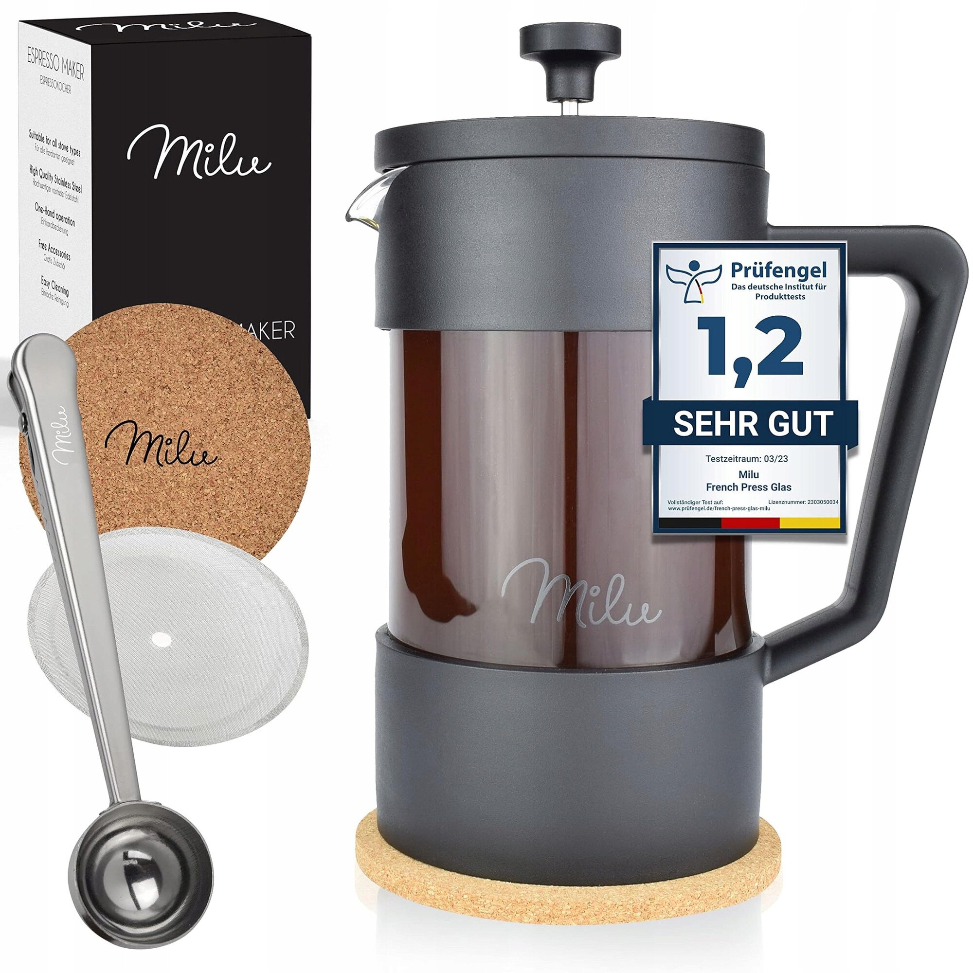 Cafetiera Milu French Press 1000ml, filtru inlocuibil, sticla rezistenta, set complet