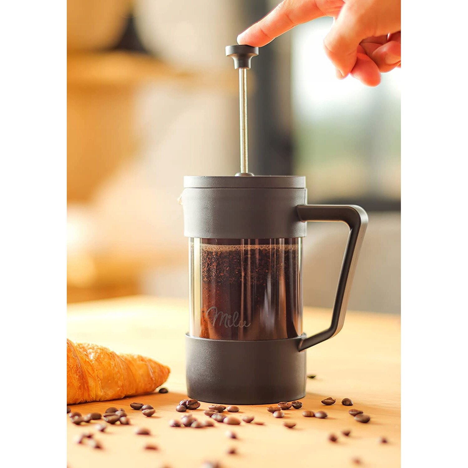 Cafetiera Milu French Press 1000ml, filtru inlocuibil, sticla rezistenta, set complet