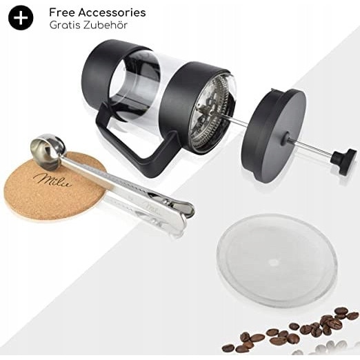 Cafetiera Milu French Press 1000ml, filtru inlocuibil, sticla rezistenta, set complet